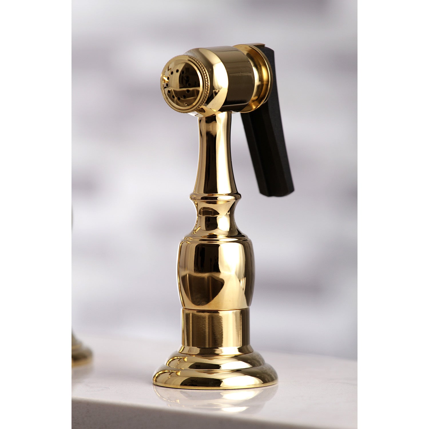 Kingston Heirloom KS3272PKLBS - Duchess Two-Handle 4-Hole Deck Mount Bridge Kitchen Faucet with Brass Sprayer, Polished Brass — thumbnail 3