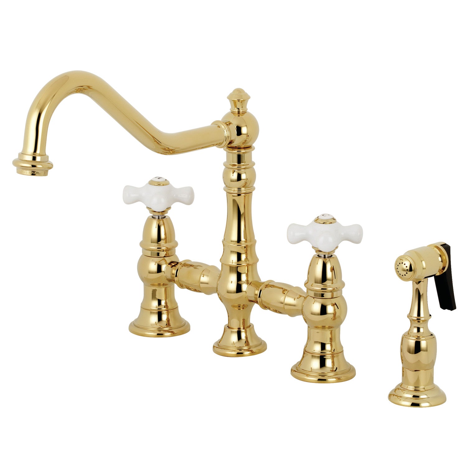 Kingston Heirloom KS3272PXBS - Restoration Two-Handle 4-Hole Deck Mount Bridge Kitchen Faucet with Brass Sprayer, Polished Brass — image 1
