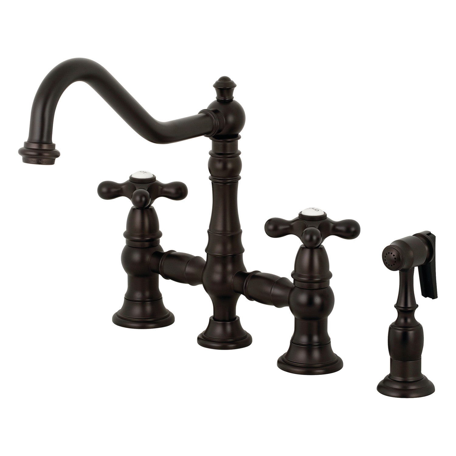 Kingston Heirloom KS3275AXBS - Restoration Two-Handle 4-Hole Deck Mount Bridge Kitchen Faucet with Brass Sprayer, Oil Rubbed Bronze