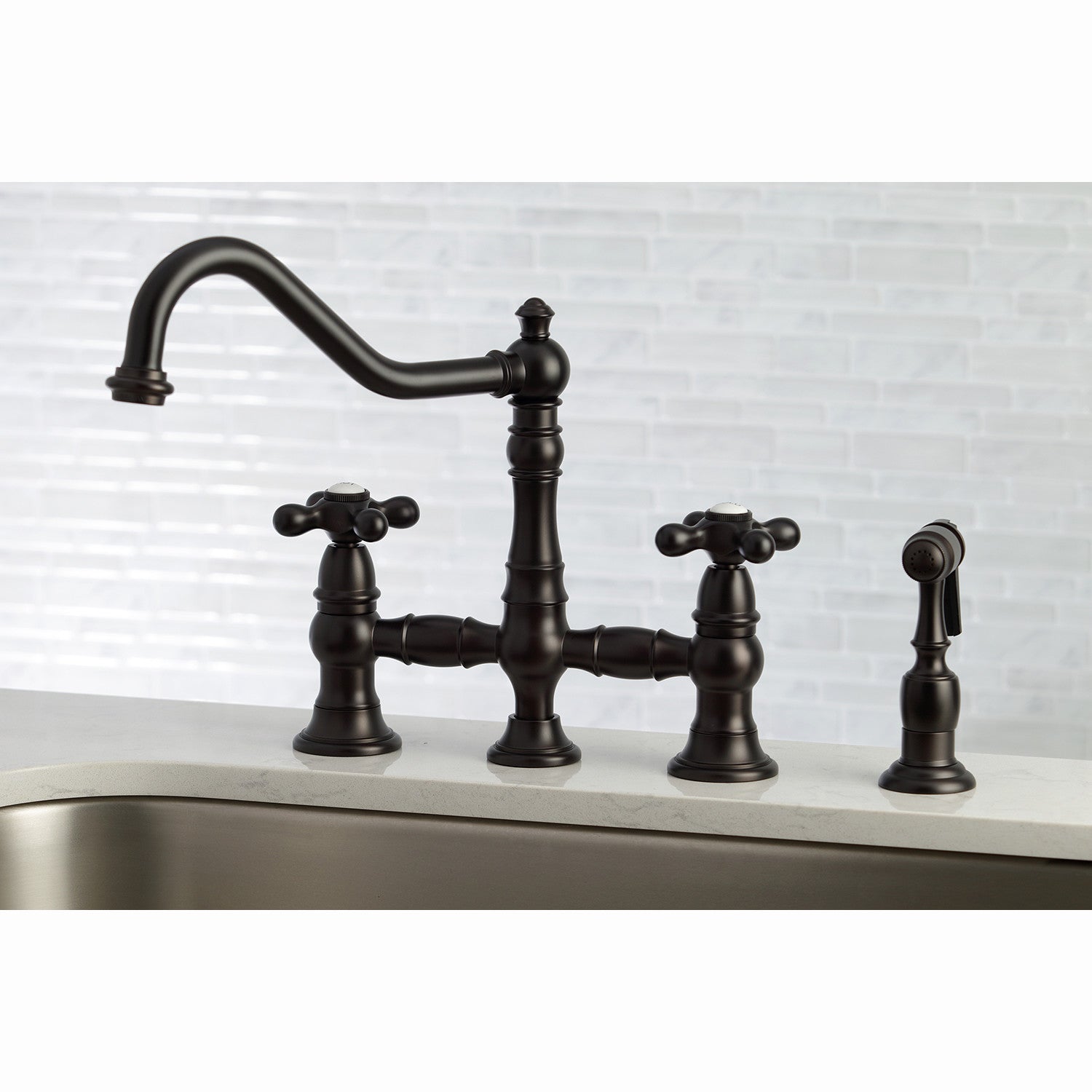 Kingston Heirloom KS3275AXBS - Restoration Two-Handle 4-Hole Deck Mount Bridge Kitchen Faucet with Brass Sprayer, Oil Rubbed Bronze — thumbnail 2
