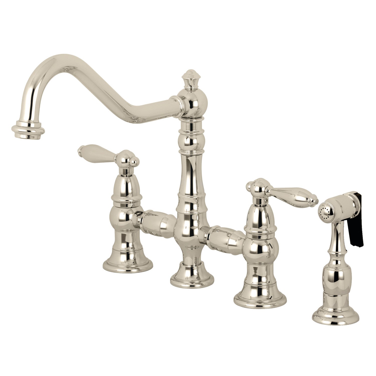 Kingston Heirloom KS3276ALBS - Restoration Two-Handle 4-Hole Deck Mount Bridge Kitchen Faucet with Brass Sprayer, Polished Nickel