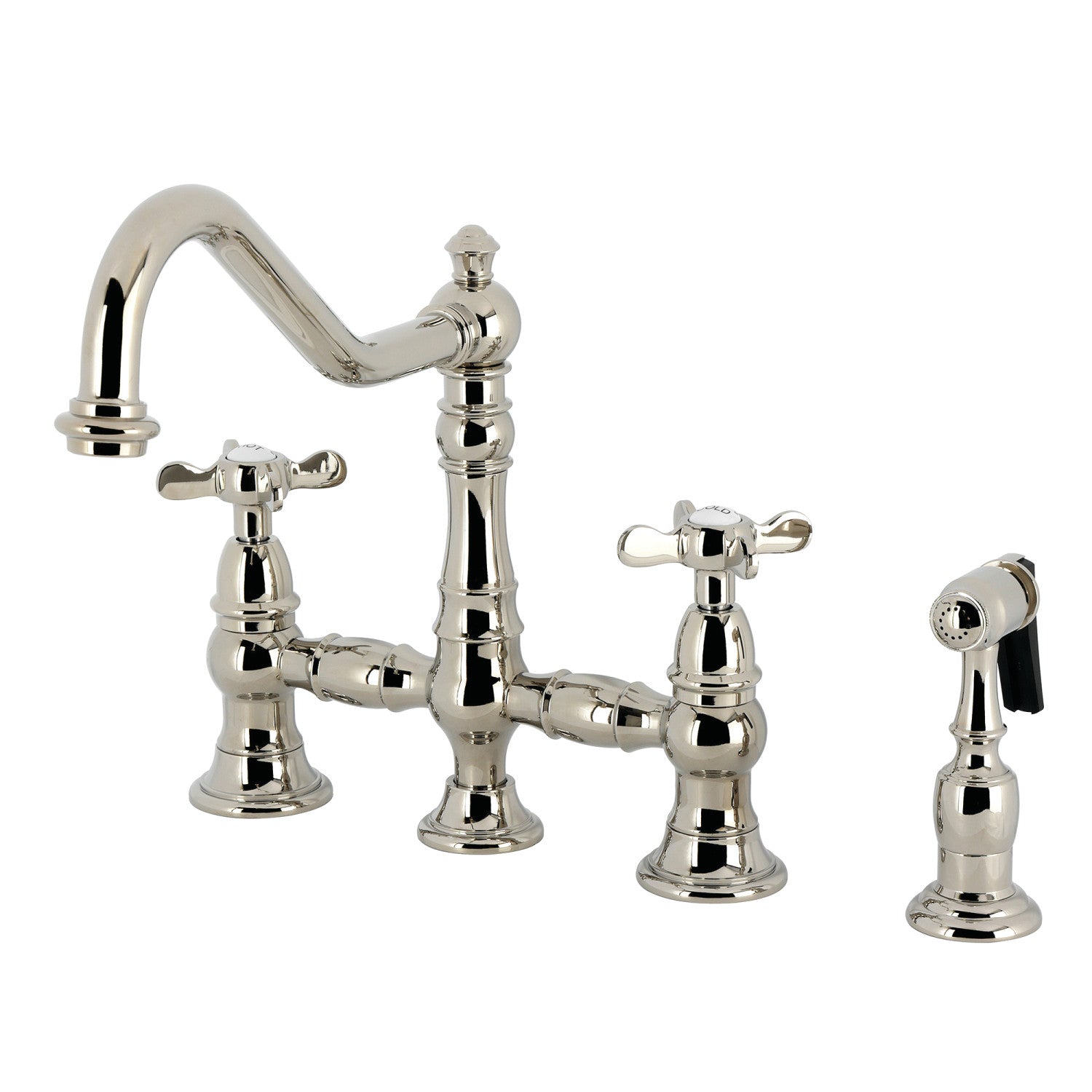 Kingston Heirloom KS3276BEXBS - Essex Two-Handle 4-Hole Deck Mount Bridge Kitchen Faucet with Brass Sprayer, Polished Nickel