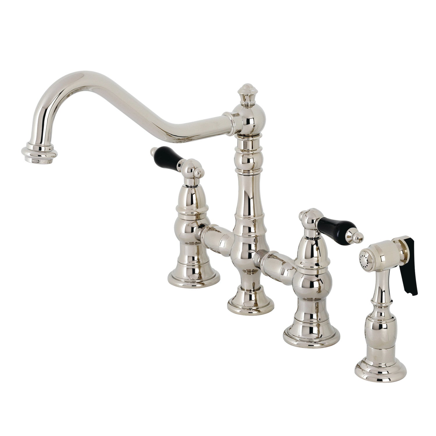Kingston Heirloom KS3276PKLBS - Duchess Two-Handle 4-Hole Deck Mount Bridge Kitchen Faucet with Brass Sprayer, Polished Nickel