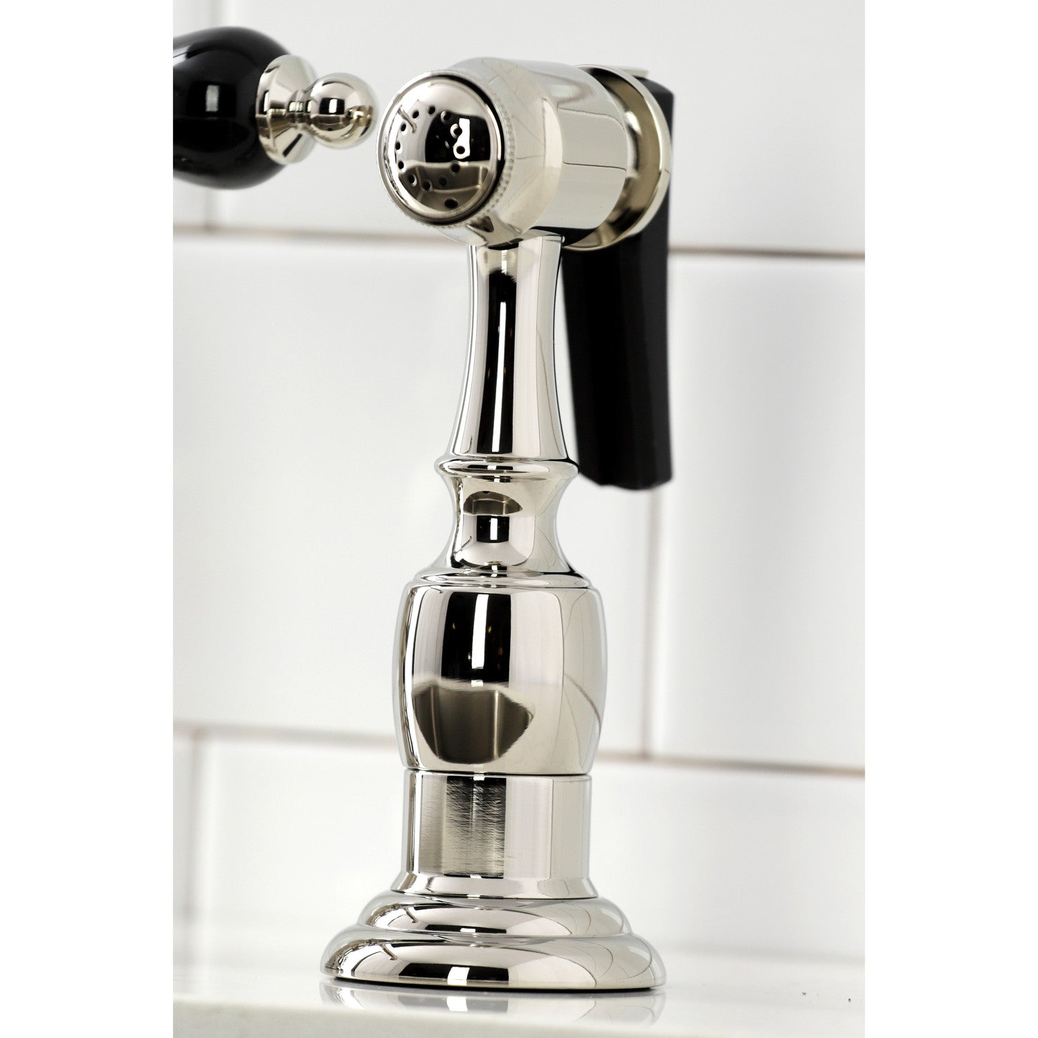 Kingston Heirloom KS3276PKLBS - Duchess Two-Handle 4-Hole Deck Mount Bridge Kitchen Faucet with Brass Sprayer, Polished Nickel — thumbnail 3