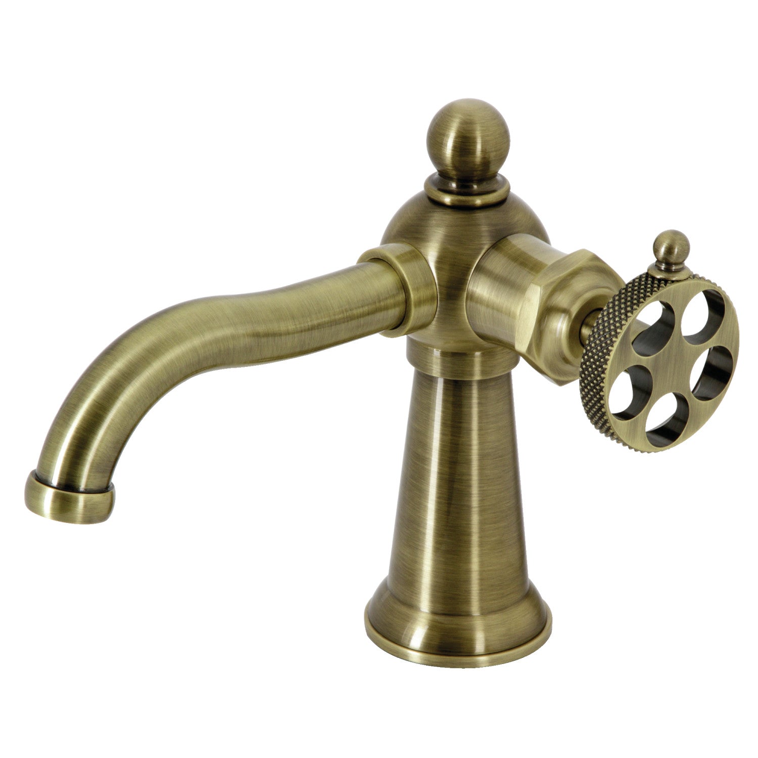 Kingston Tulare KS3543RKX - Webb One-Handle 1-Hole Bathroom Faucet with Knurled Handle and Push Pop-Up Drain, Antique Brass