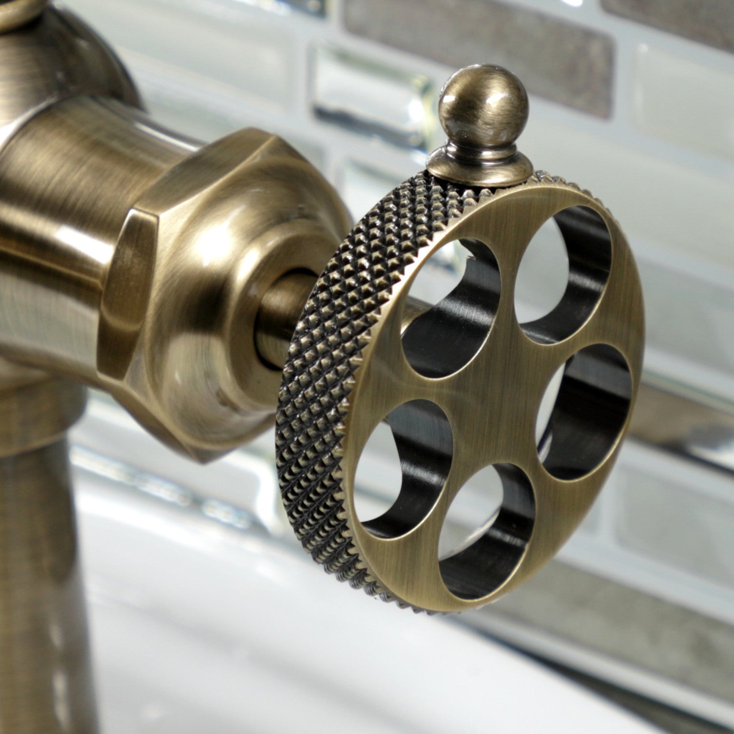 Kingston Tulare KS3543RKX - Webb One-Handle 1-Hole Bathroom Faucet with Knurled Handle and Push Pop-Up Drain, Antique Brass — thumbnail 2