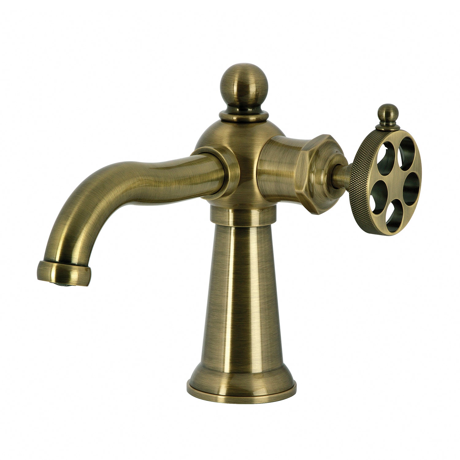 Kingston Tulare KS3543RKZ - Wendell One-Handle 1-Hole Bathroom Faucet with Knurled Handle and Push Pop-Up Drain, Antique Brass