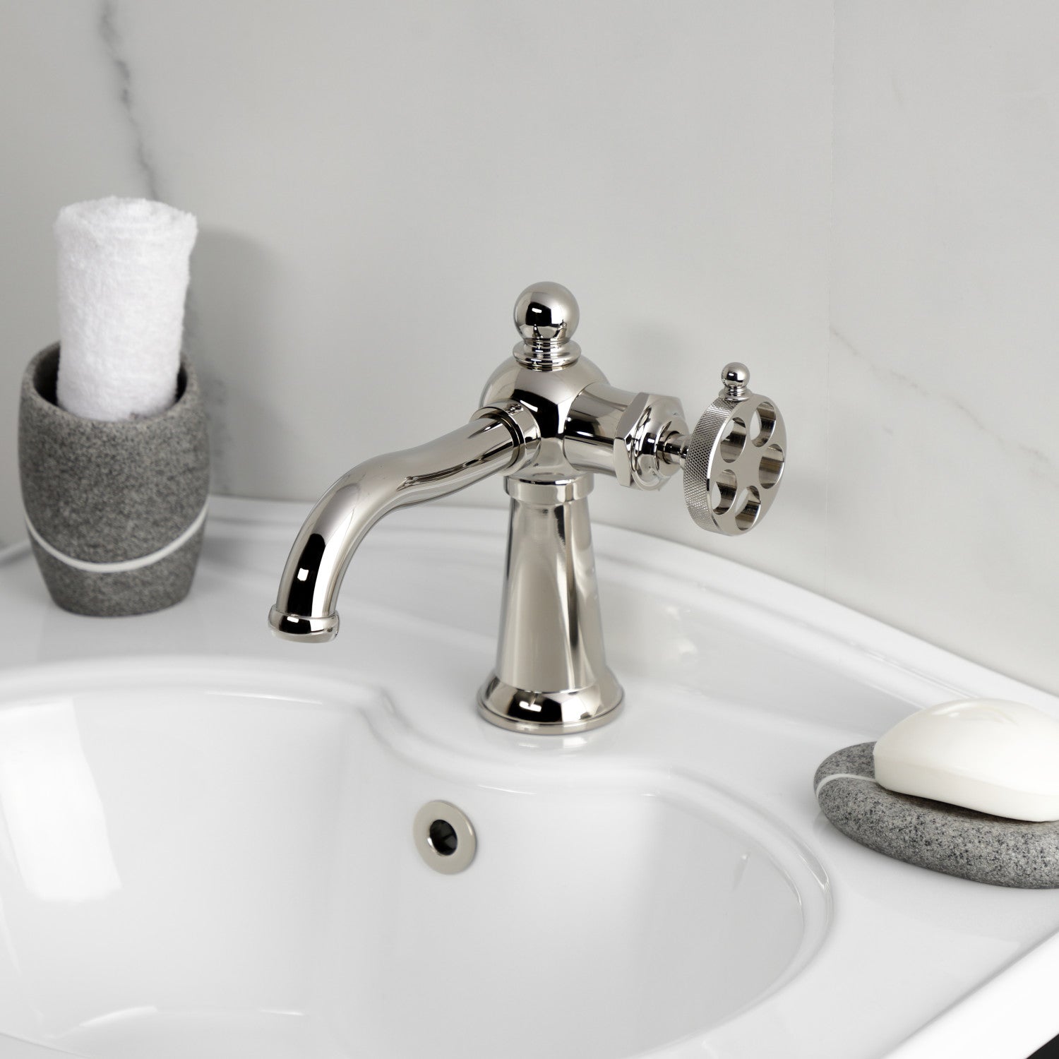 Kingston Tulare KS3546RKZ - Wendell One-Handle 1-Hole Bathroom Faucet with Knurled Handle and Push Pop-Up Drain, Polished Nickel — thumbnail 2