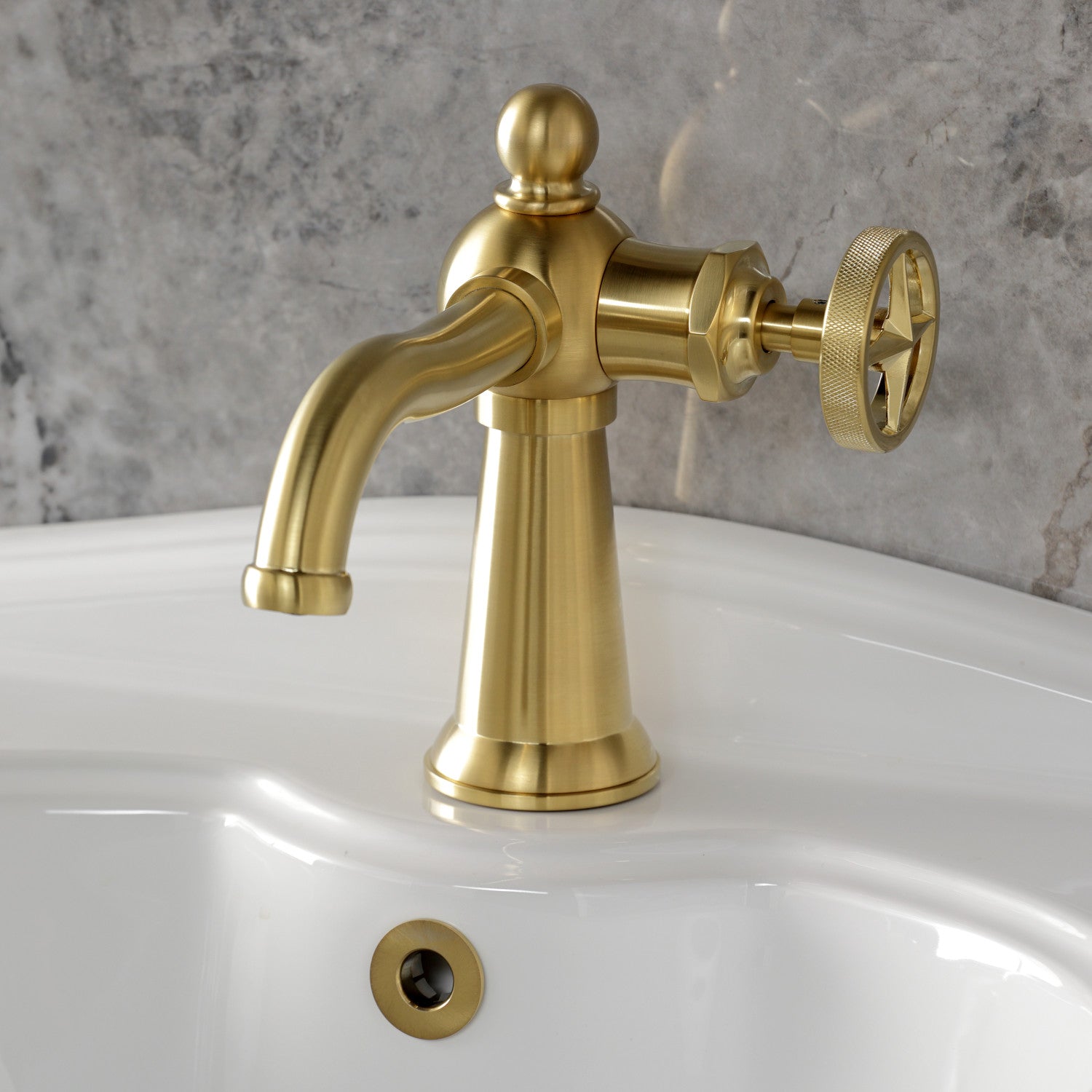 Kingston Tulare KS3547RNX - Ostro One-Handle 1-Hole Bathroom Faucet with Push Pop-Up Drain, Brushed Brass — thumbnail 2