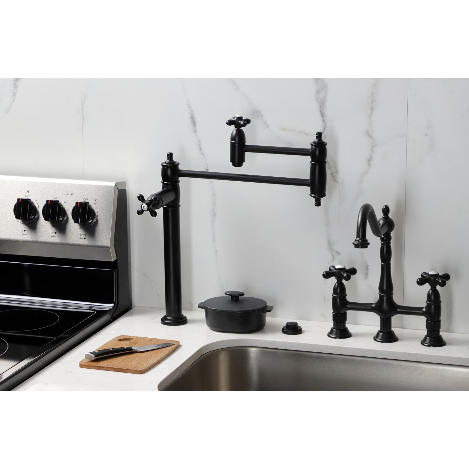 Kingston Heirloom KS3700AX - Restoration Two-Handle 1-Hole Deck Mount Pot Filler Faucet, Matte Black — thumbnail 2
