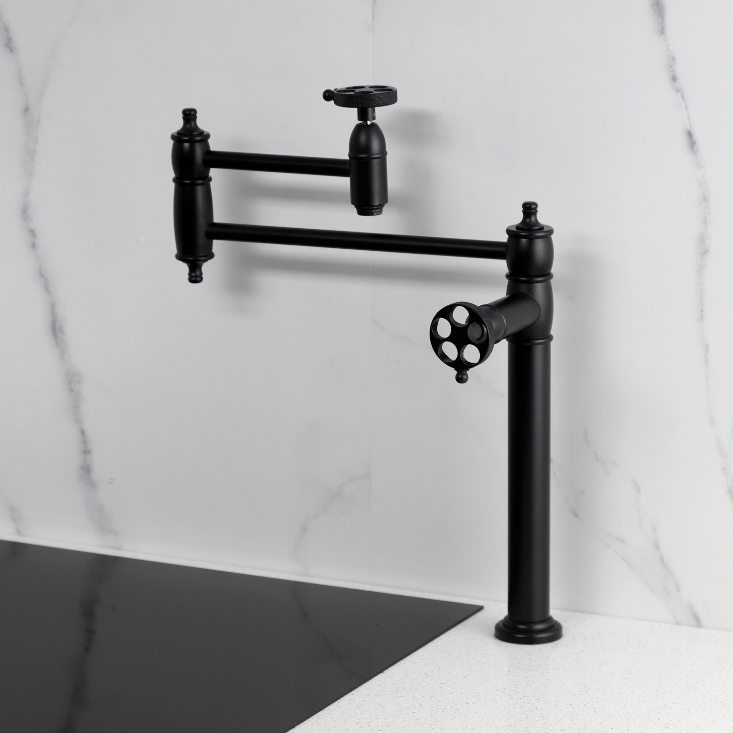 Kingston Tulare KS3700RKZ - Wendell Two-Handle 1-Hole Deck Mount Pot Filler Faucet with Knurled Handle, Matte Black — thumbnail 2