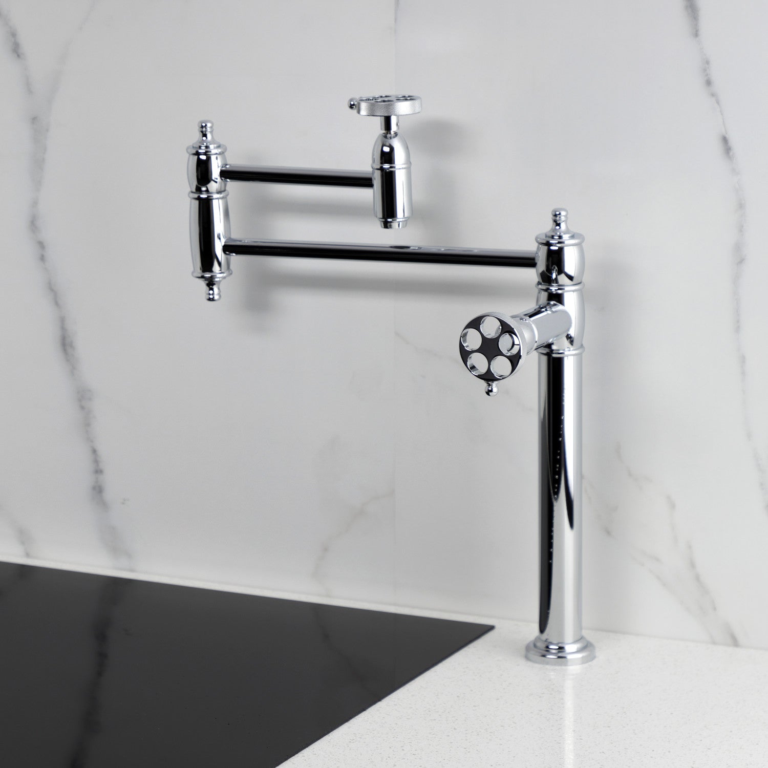 Kingston Tulare KS3701RKZ - Wendell Two-Handle 1-Hole Deck Mount Pot Filler Faucet with Knurled Handle, Polished Chrome — thumbnail 2