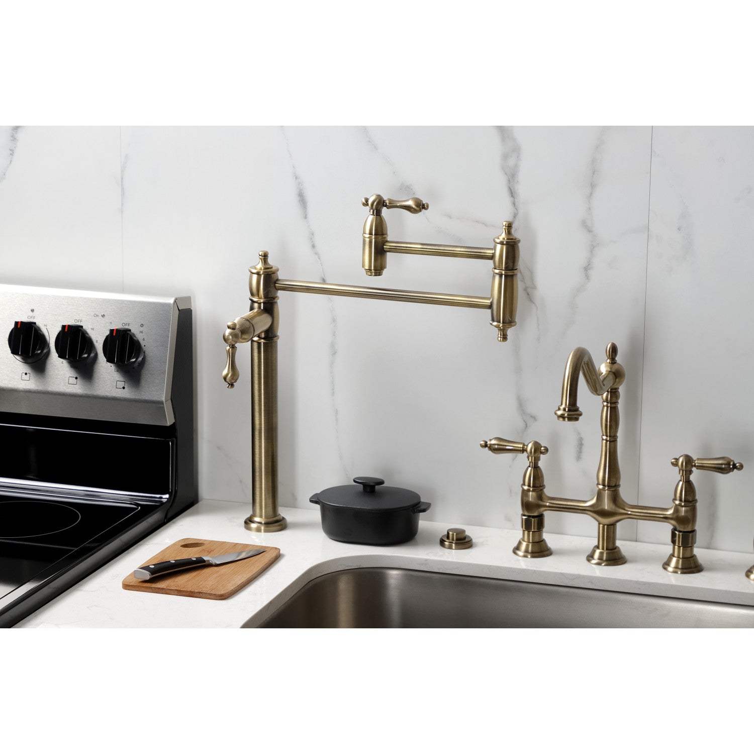 Kingston Heirloom KS3703AL - Restoration Two-Handle 1-Hole Deck Mount Pot Filler Faucet, Antique Brass — thumbnail 2