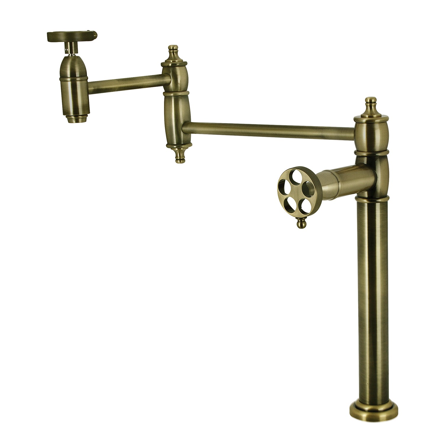Kingston Tulare KS3703RKZ - Wendell Two-Handle 1-Hole Deck Mount Pot Filler Faucet with Knurled Handle, Antique Brass
