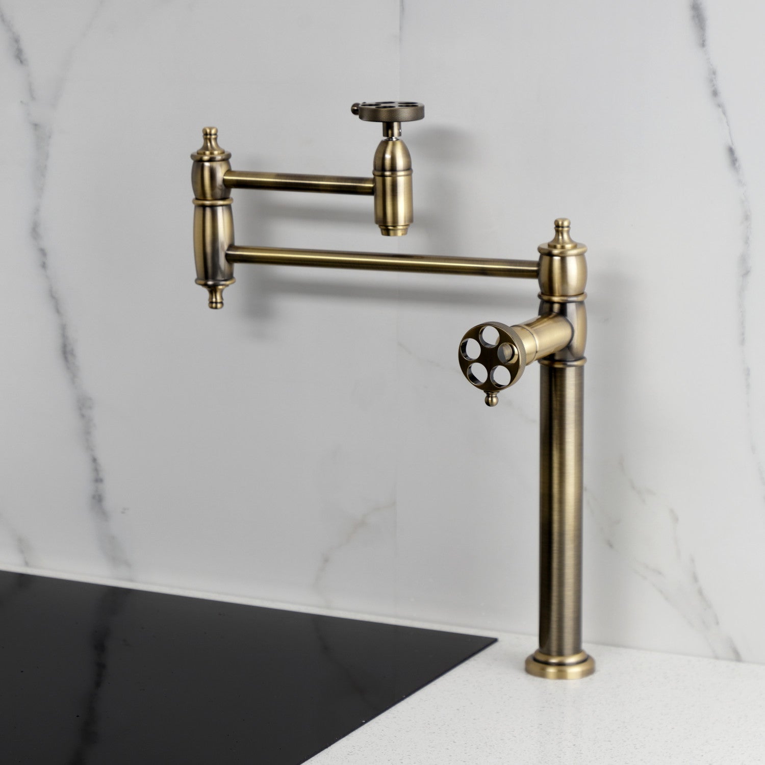 Kingston Tulare KS3703RKZ - Wendell Two-Handle 1-Hole Deck Mount Pot Filler Faucet with Knurled Handle, Antique Brass — thumbnail 2