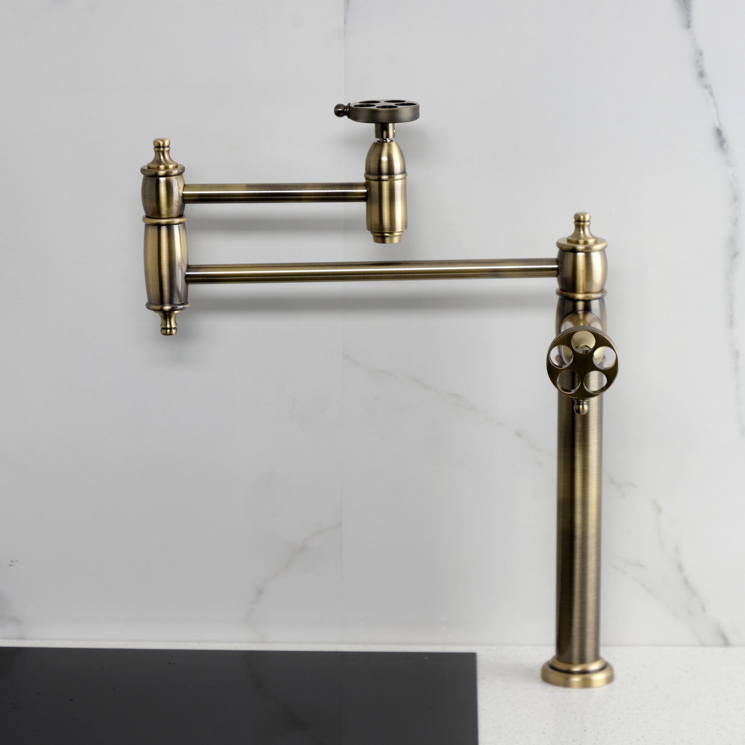 Kingston Tulare KS3703RKZ - Wendell Two-Handle 1-Hole Deck Mount Pot Filler Faucet with Knurled Handle, Antique Brass — thumbnail 3