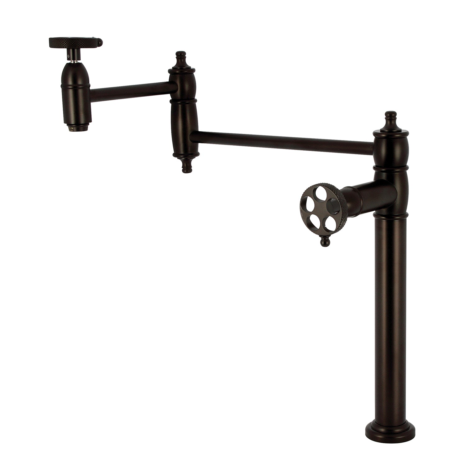 Kingston Tulare KS3705RKX - Webb Two-Handle 1-Hole Deck Mount Pot Filler Faucet with Knurled Handle, Oil Rubbed Bronze