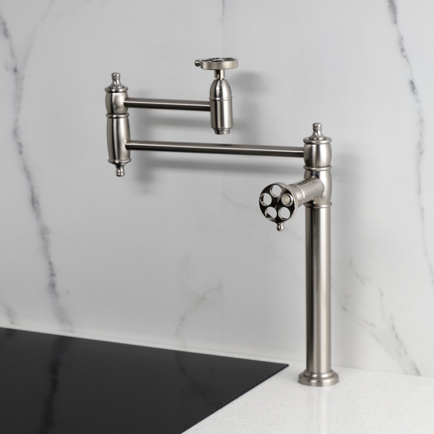 Kingston Tulare KS3708RKZ - Wendell Two-Handle 1-Hole Deck Mount Pot Filler Faucet with Knurled Handle, Brushed Nickel — thumbnail 2