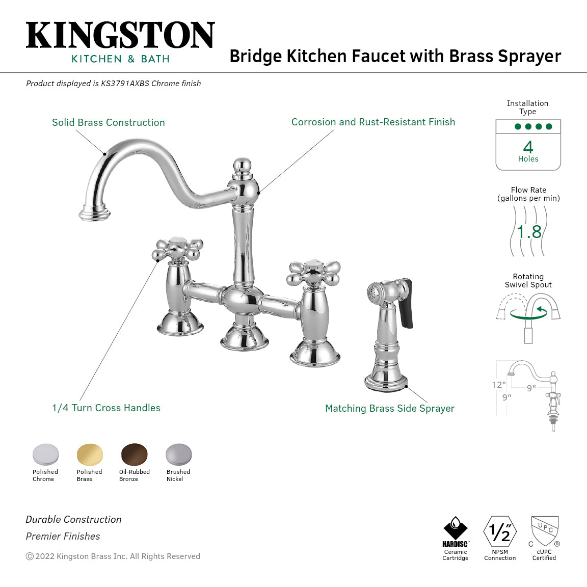 Kingston Heirloom KS3791AXBS - Restoration Two-Handle 4-Hole Deck Mount Bridge Kitchen Faucet with Brass Sprayer, Polished Chrome — thumbnail 2