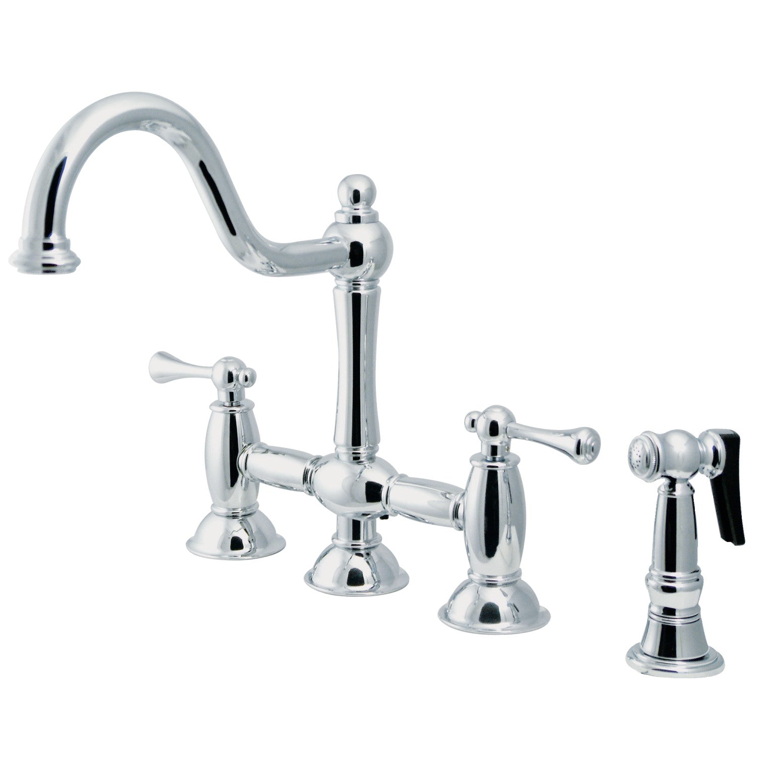 Kingston Heirloom KS3791BLBS - Restoration Two-Handle 4-Hole Deck Mount Bridge Kitchen Faucet with Brass Sprayer, Polished Chrome