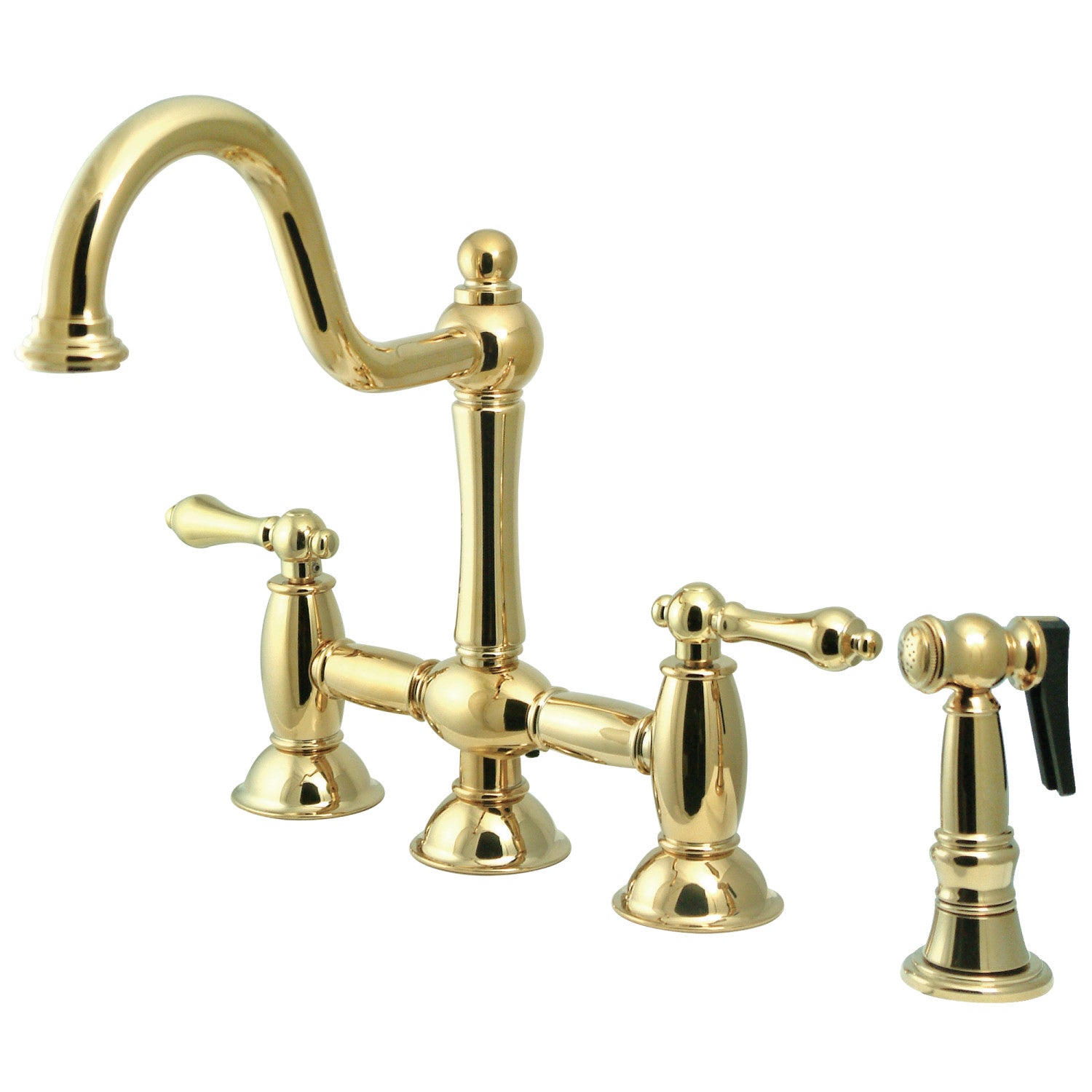 Kingston Heirloom KS3792ALBS - Restoration Two-Handle 4-Hole Deck Mount Bridge Kitchen Faucet with Brass Sprayer, Polished Brass