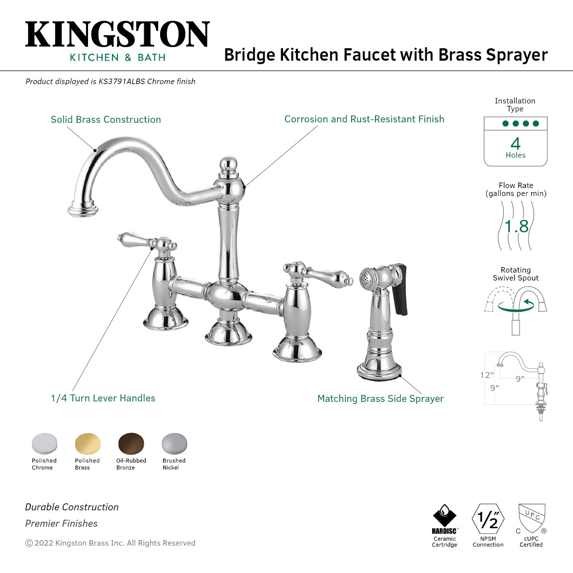 Kingston Heirloom KS3792ALBS - Restoration Two-Handle 4-Hole Deck Mount Bridge Kitchen Faucet with Brass Sprayer, Polished Brass — thumbnail 2