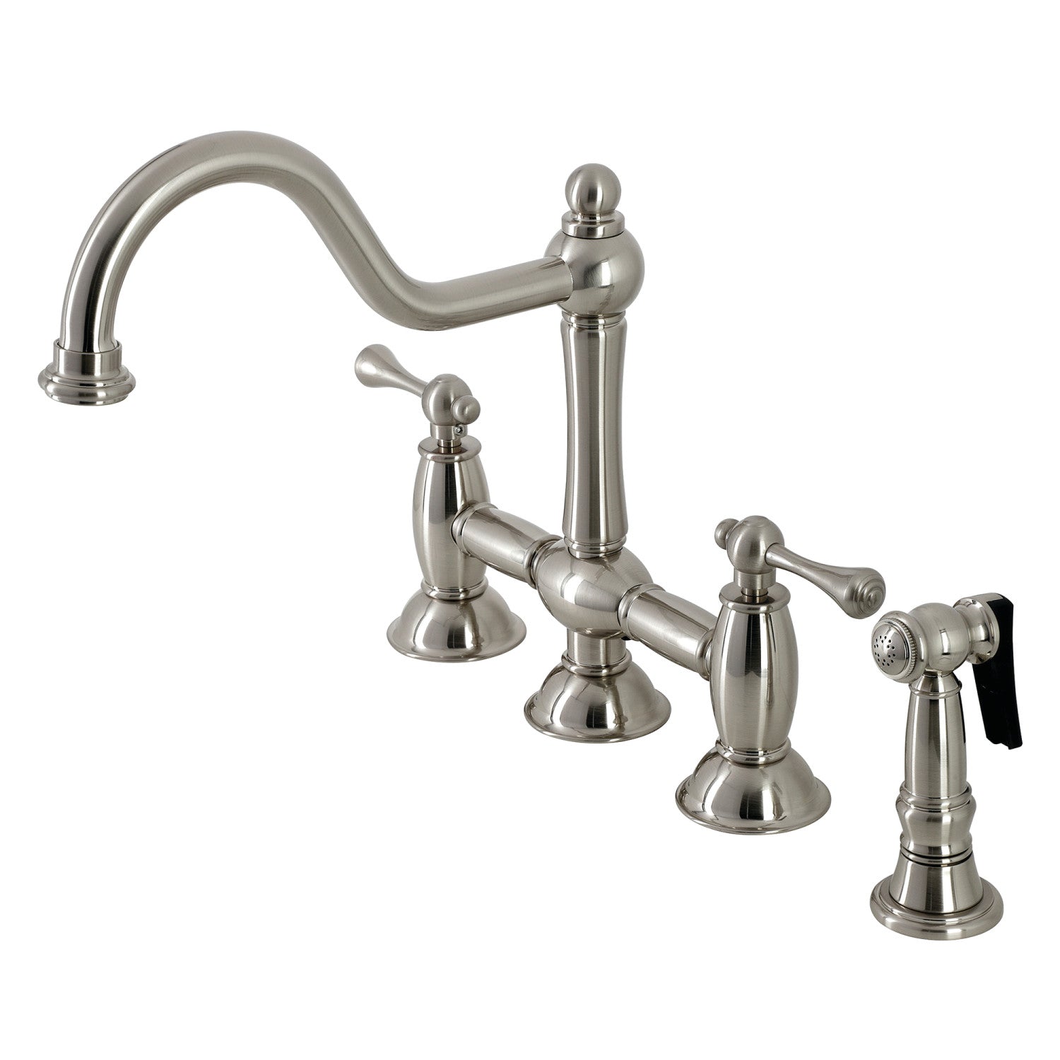 Kingston Heirloom KS3798BLBS - Restoration Two-Handle 4-Hole Deck Mount Bridge Kitchen Faucet with Brass Sprayer, Brushed Nickel