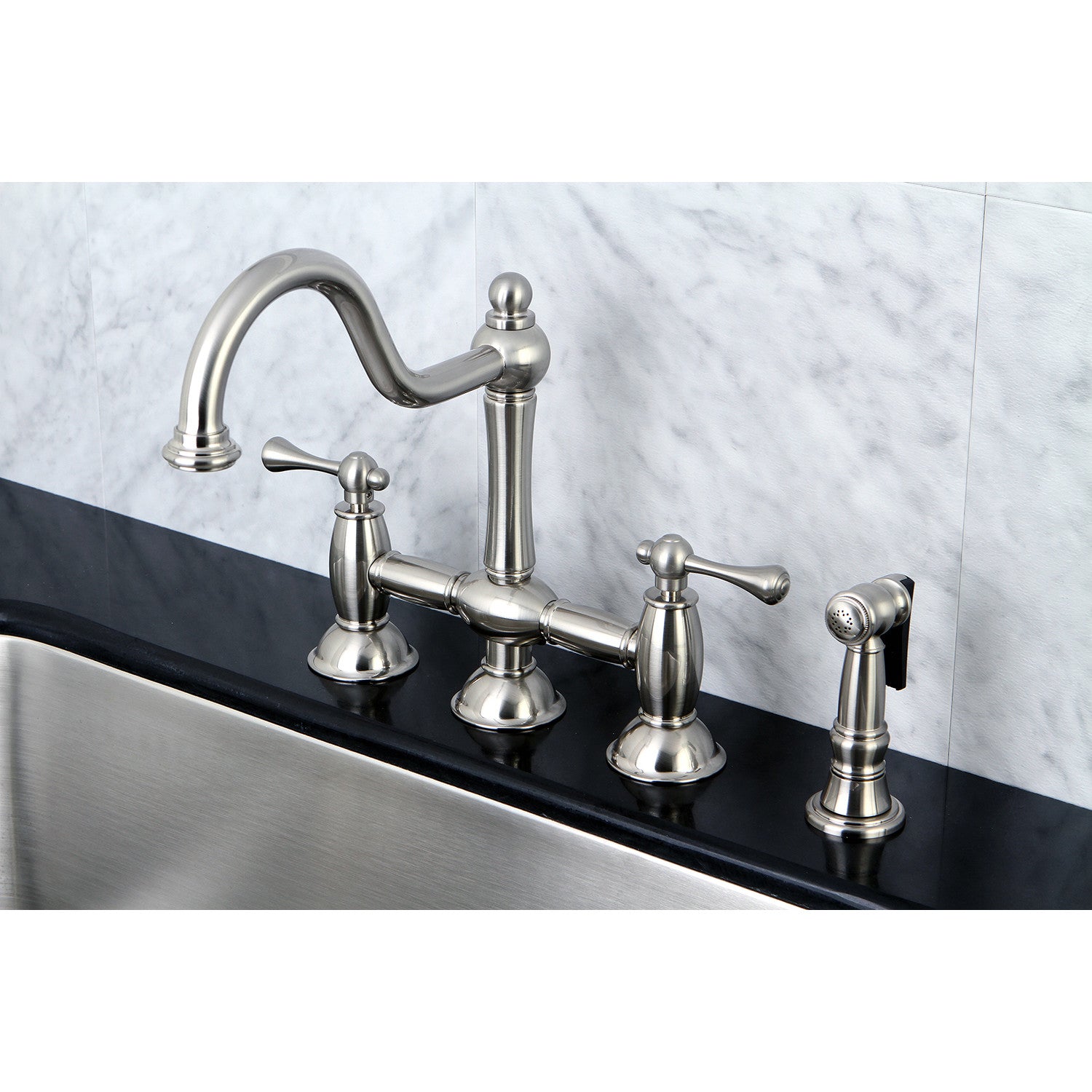 Kingston Heirloom KS3798BLBS - Restoration Two-Handle 4-Hole Deck Mount Bridge Kitchen Faucet with Brass Sprayer, Brushed Nickel — thumbnail 3