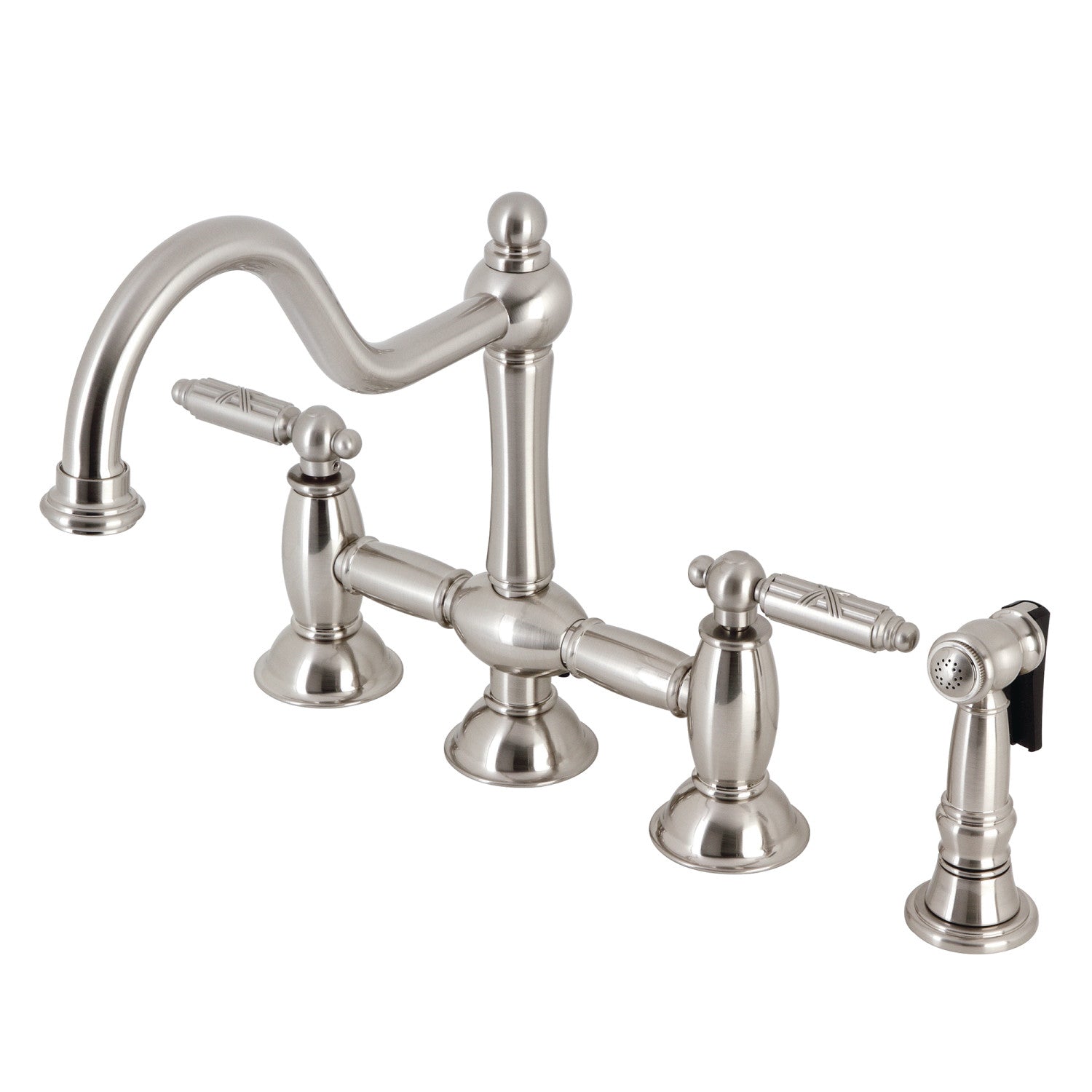 Kingston Heirloom KS3798GLBS - Restoration Two-Handle 4-Hole Deck Mount Bridge Kitchen Faucet with Brass Sprayer, Brushed Nickel