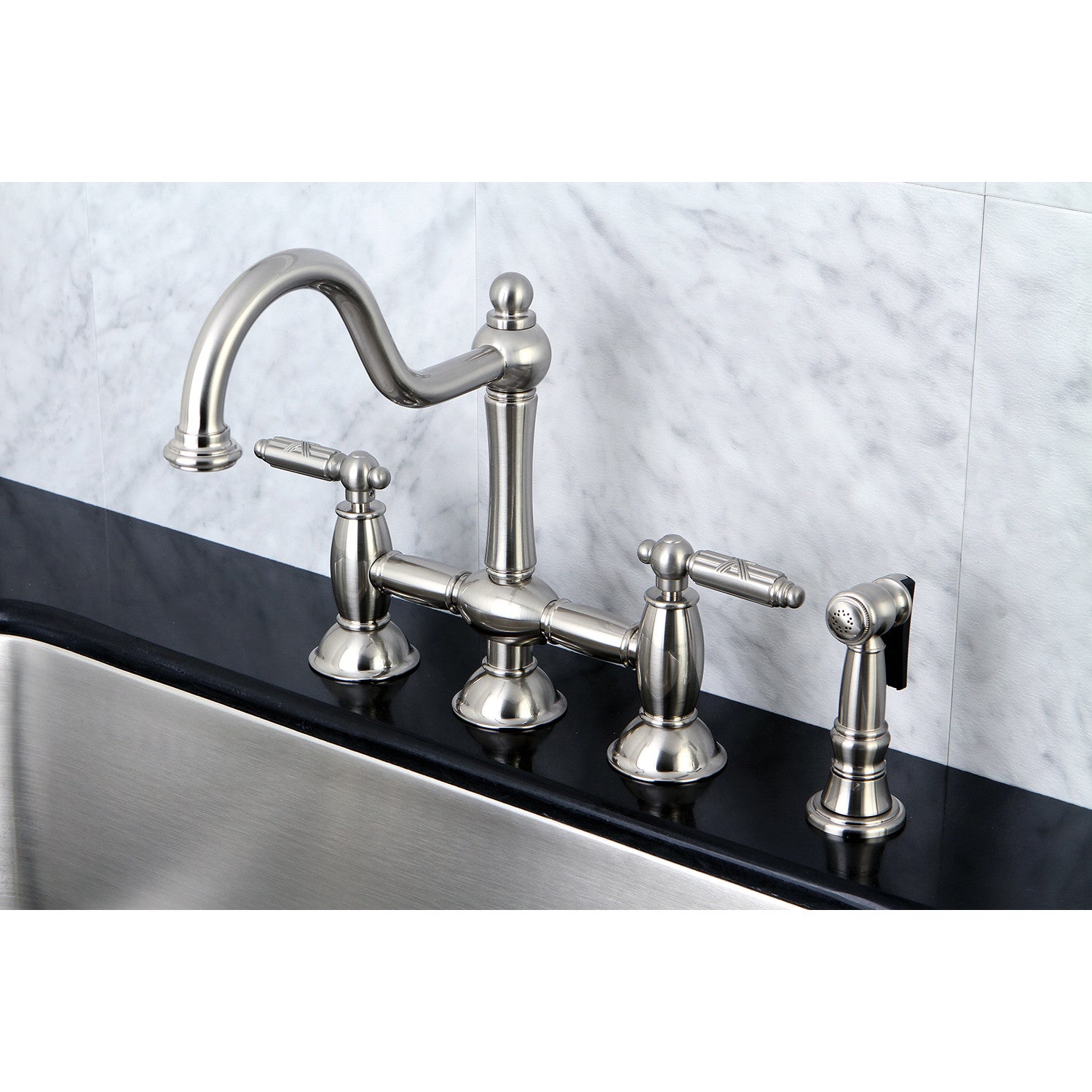 Kingston Heirloom KS3798GLBS - Restoration Two-Handle 4-Hole Deck Mount Bridge Kitchen Faucet with Brass Sprayer, Brushed Nickel — thumbnail 3