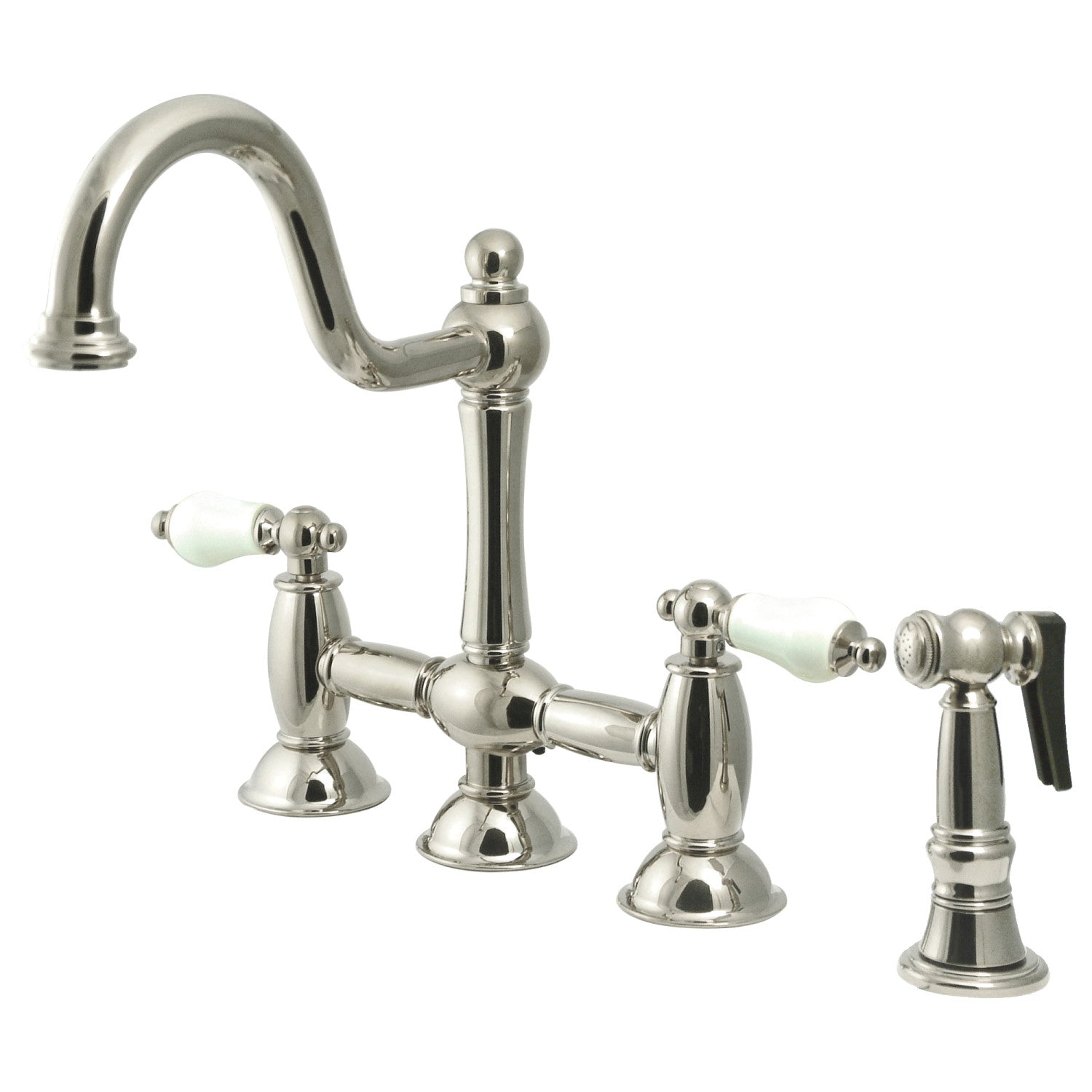 Kingston Heirloom KS3798PLBS - Restoration Two-Handle 4-Hole Deck Mount Bridge Kitchen Faucet with Brass Sprayer, Brushed Nickel — image 1