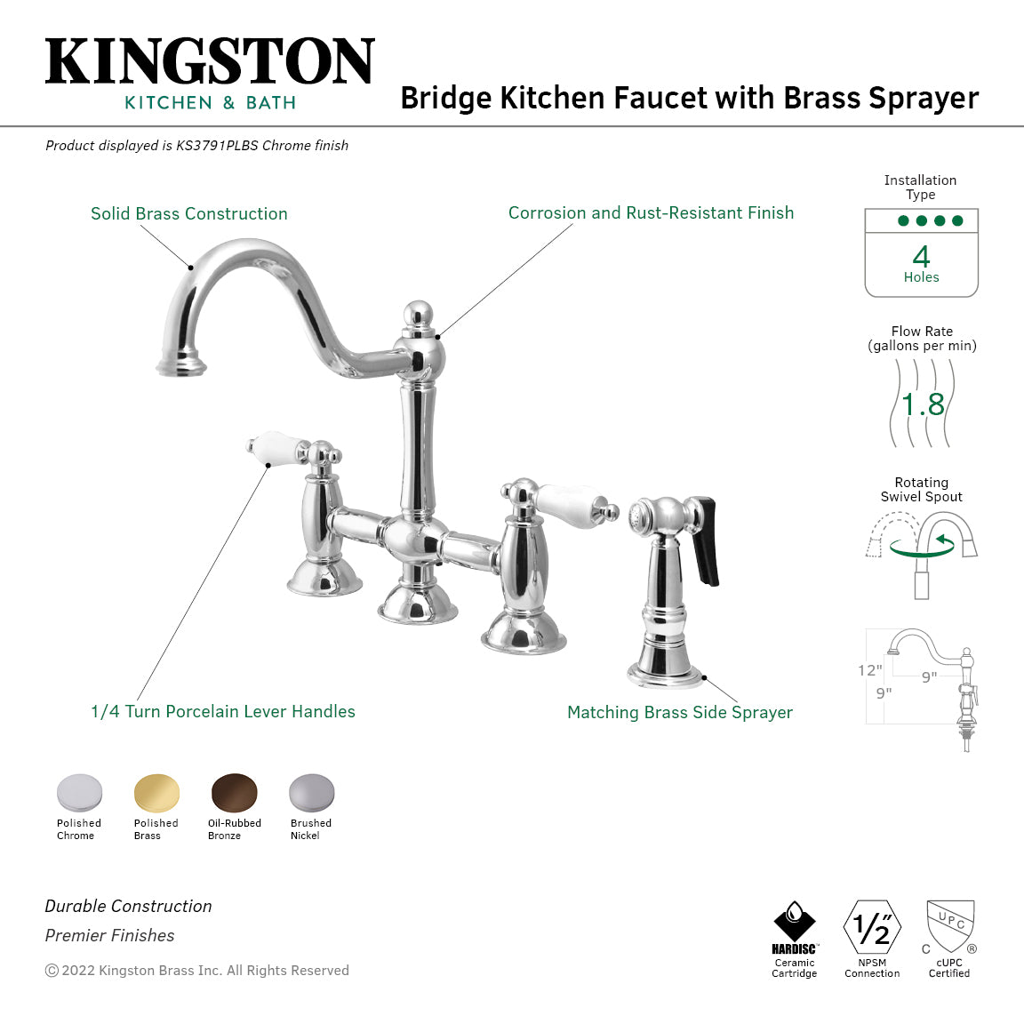 Kingston Heirloom KS3798PLBS - Restoration Two-Handle 4-Hole Deck Mount Bridge Kitchen Faucet with Brass Sprayer, Brushed Nickel — thumbnail 2
