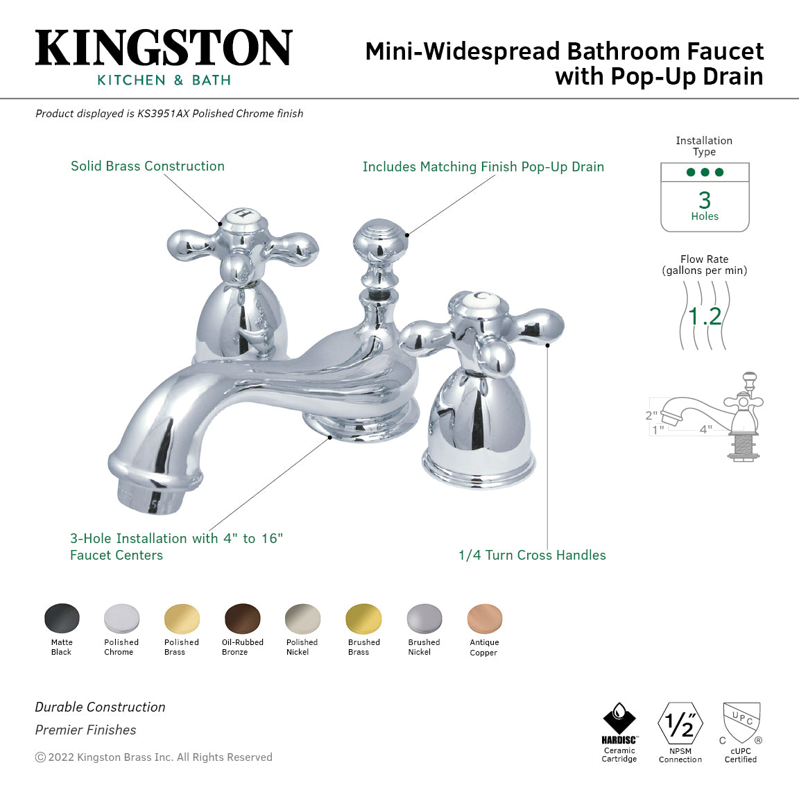 Kingston Heirloom KS3951AX - Restoration Two-Handle 3-Hole Deck Mount Mini-Widespread Bathroom Faucet with Brass Pop-Up, Polished Chrome — thumbnail 3