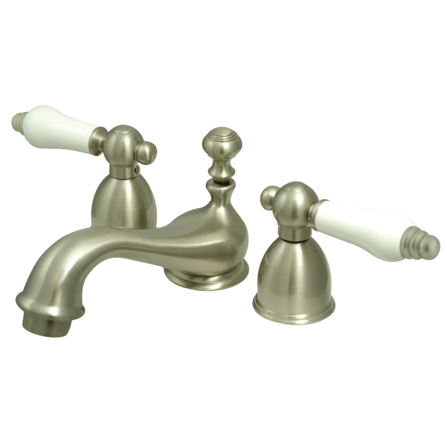 Kingston Heirloom KS3958PL - Restoration Two-Handle 3-Hole Deck Mount Mini-Widespread Bathroom Faucet with Brass Pop-Up, Brushed Nickel