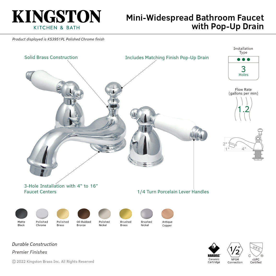 Kingston Heirloom KS3958PL - Restoration Two-Handle 3-Hole Deck Mount Mini-Widespread Bathroom Faucet with Brass Pop-Up, Brushed Nickel — thumbnail 2