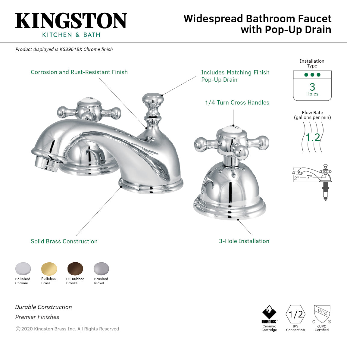 Kingston Heirloom KS3961BX - Vintage Two-Handle 3-Hole Deck Mount Widespread Bathroom Faucet with Brass Pop-Up, Polished Chrome — thumbnail 2