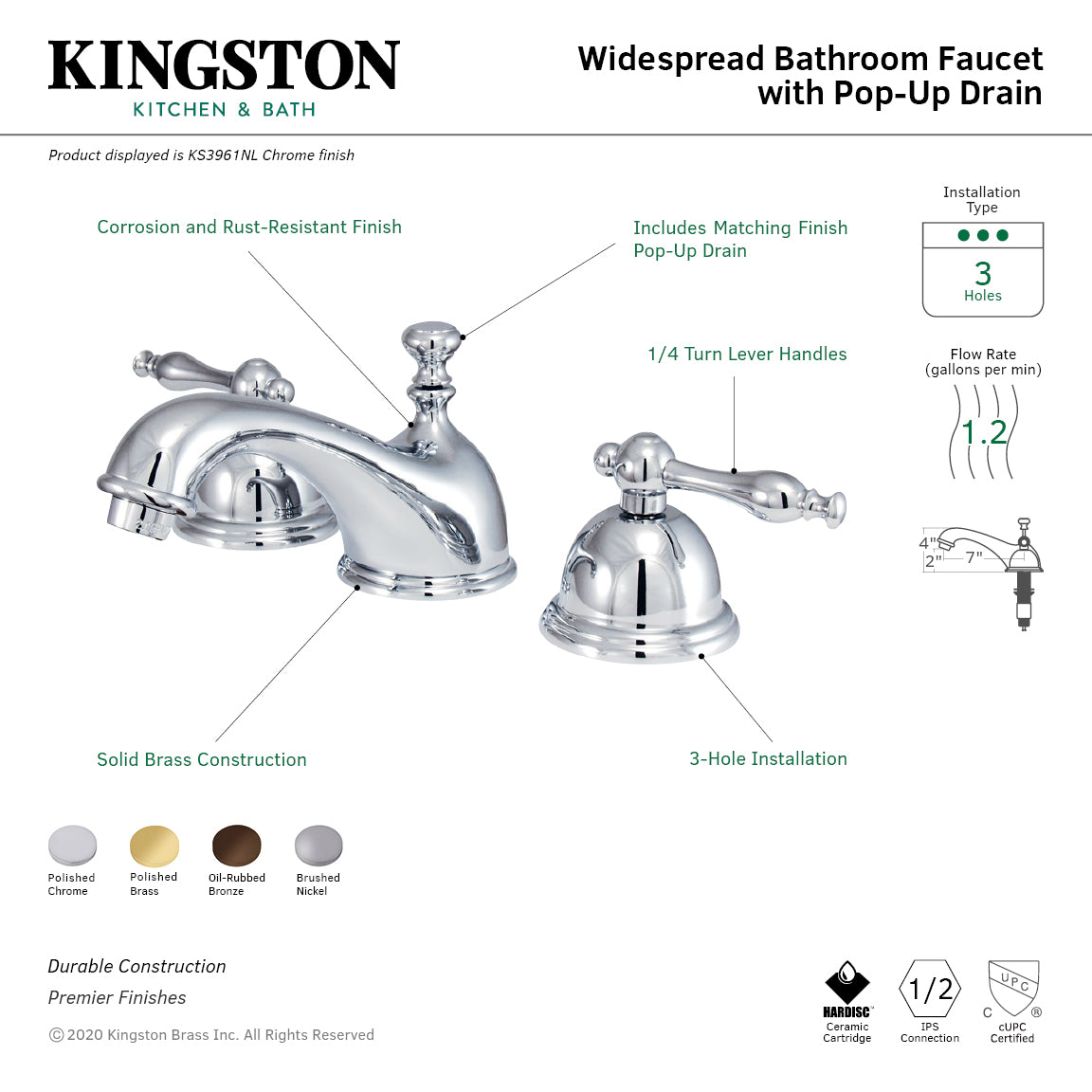 Kingston Heirloom KS3961NL - Naples Two-Handle 3-Hole Deck Mount Widespread Bathroom Faucet with Brass Pop-Up, Polished Chrome — thumbnail 2