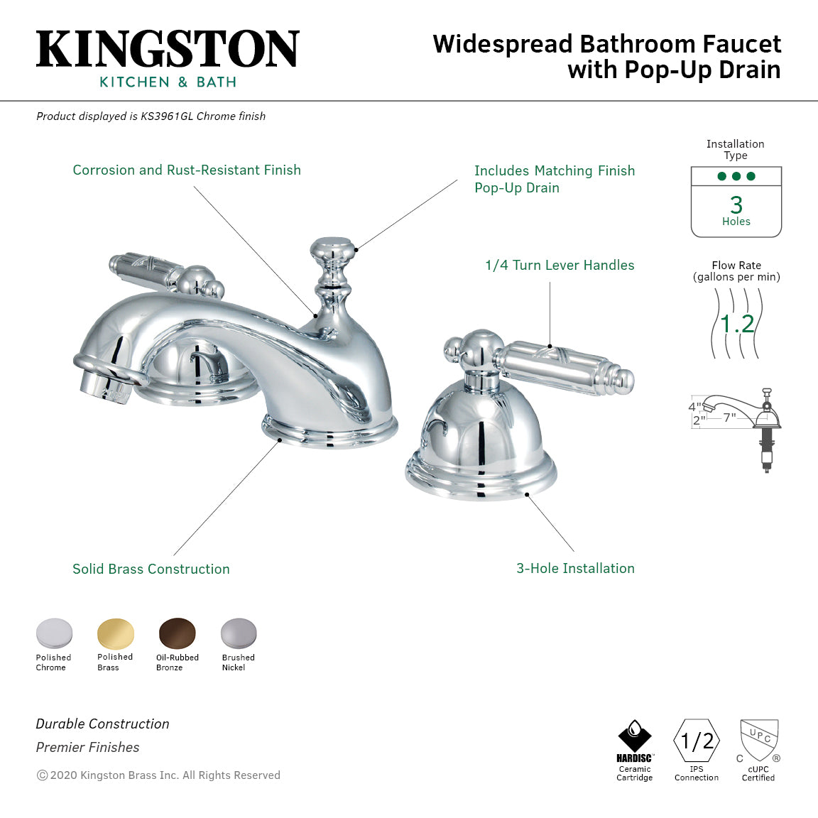 Kingston Tulare KS3962GL - Georgian Two-Handle 3-Hole Deck Mount Widespread Bathroom Faucet with Brass Pop-Up, Polished Brass — thumbnail 2