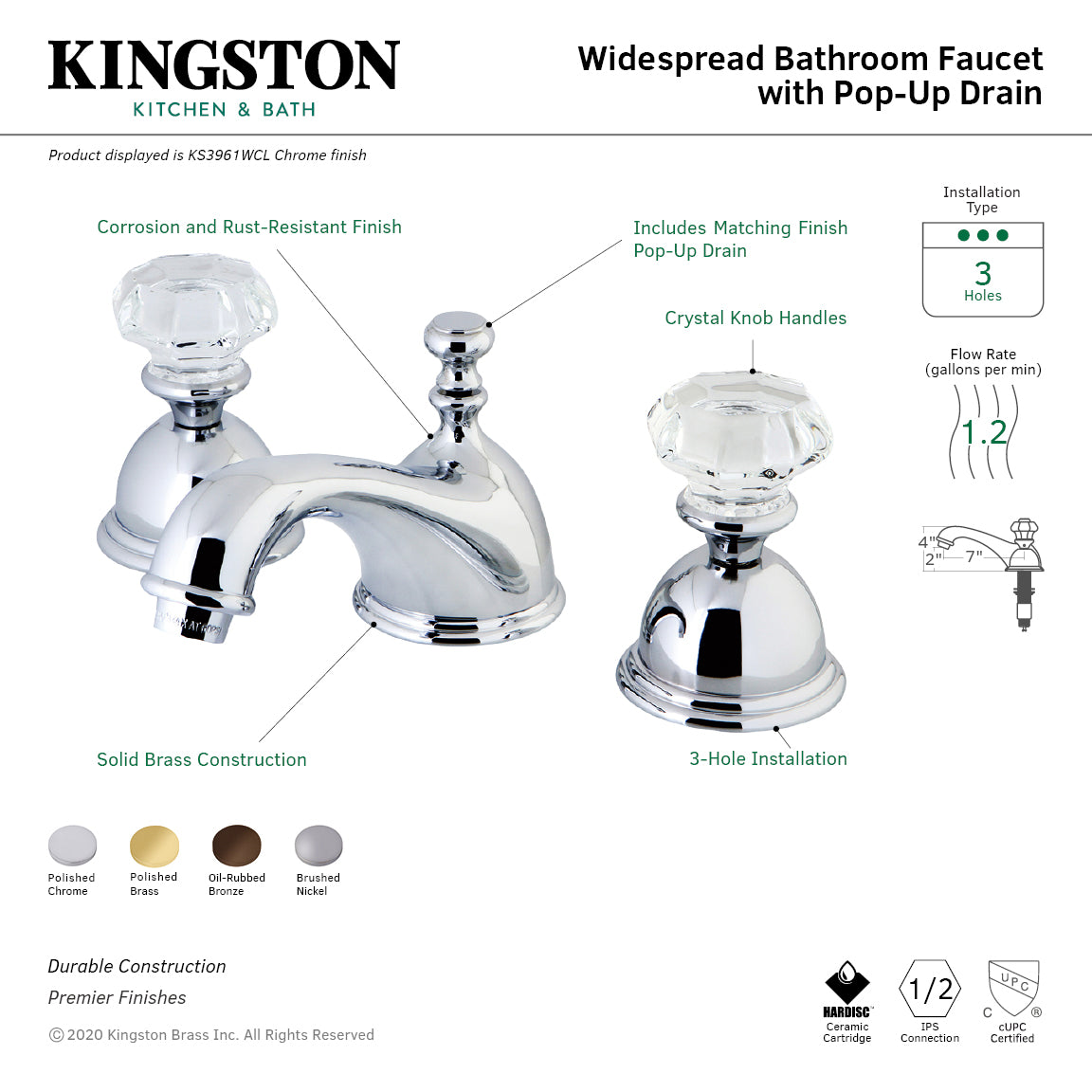 Kingston Heirloom KS3962WCL - Celebrity Two-Handle 3-Hole Deck Mount Widespread Bathroom Faucet with Brass Pop-Up, Polished Brass — thumbnail 2
