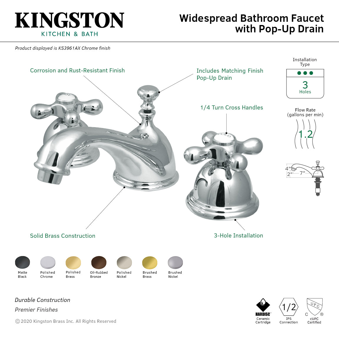 Kingston Heirloom KS3965AX - Restoration Two-Handle 3-Hole Deck Mount Widespread Bathroom Faucet with Brass Pop-Up, Oil Rubbed Bronze — thumbnail 2