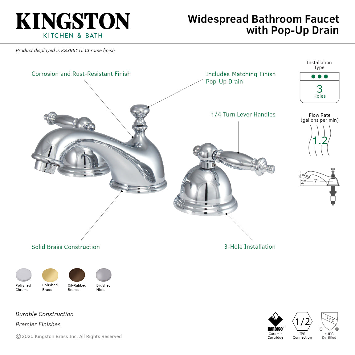 Kingston Heirloom KS3965TL - Templeton Two-Handle 3-Hole Deck Mount Widespread Bathroom Faucet with Brass Pop-Up, Oil Rubbed Bronze — thumbnail 2