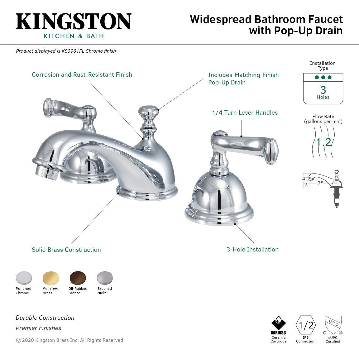 Kingston Tulare KS3968FL - Royale Two-Handle 3-Hole Deck Mount Widespread Bathroom Faucet with Brass Pop-Up, Brushed Nickel — thumbnail 2