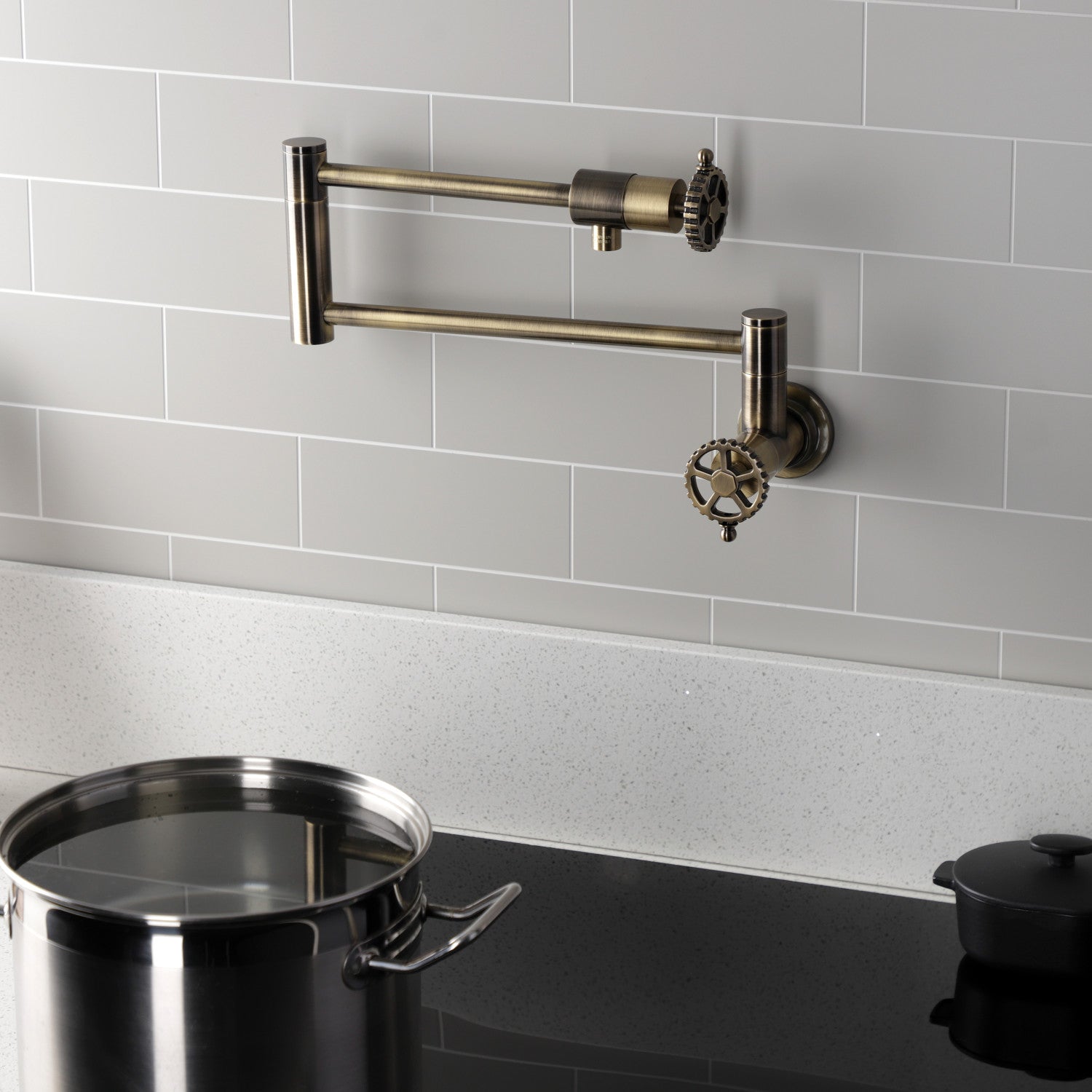 Kingston Sona KS4103CG - Fuller Two-Handle 1-Hole Wall Mount Pot Filler Faucet, Antique Brass — thumbnail 2