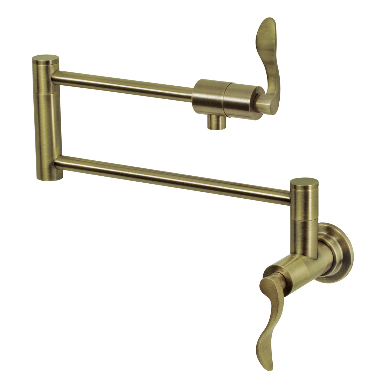 Kingston Tulare KS4103DFL - NuWave Two-Handle 1-Hole Wall Mount Pot Filler Faucet, Antique Brass