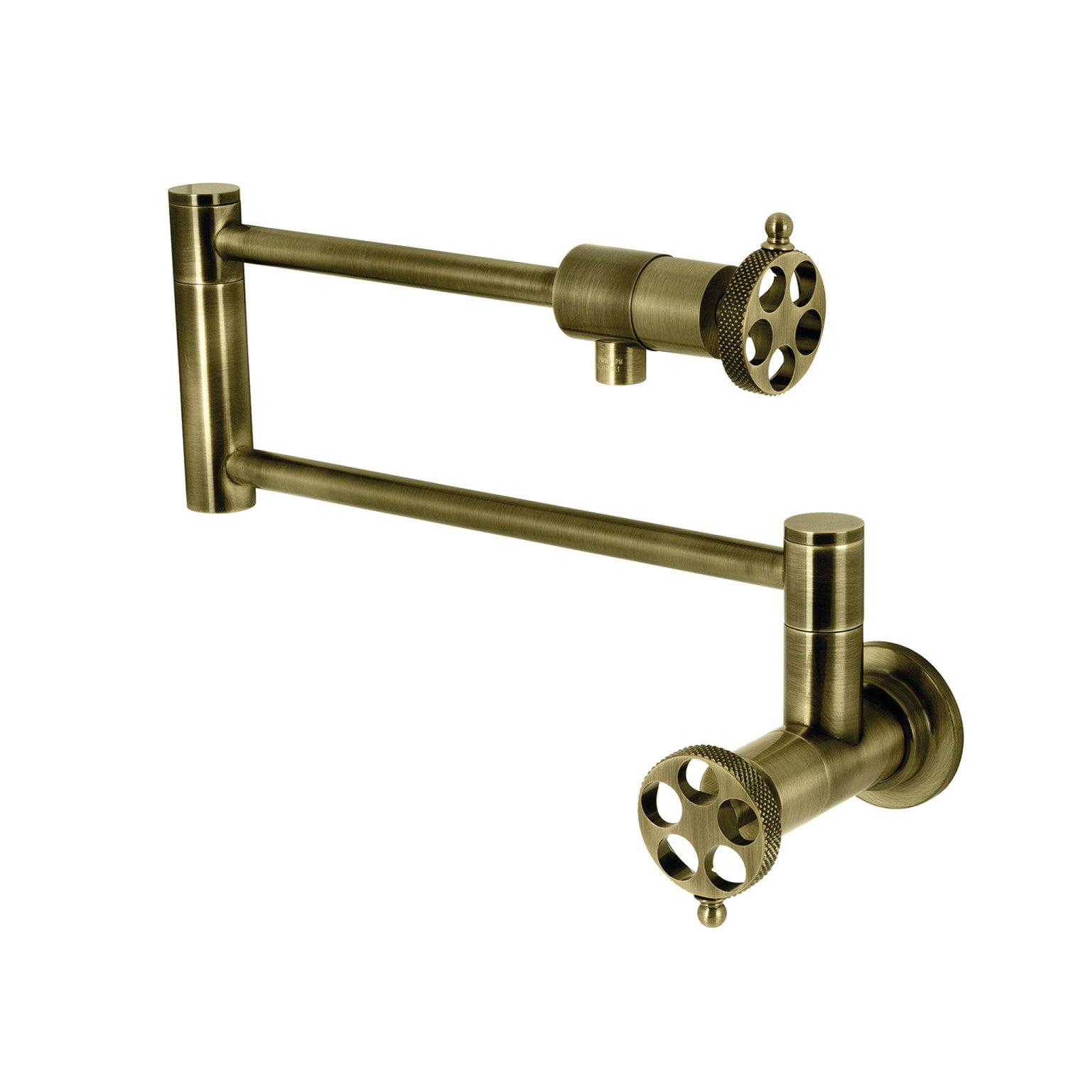Kingston Sona KS4103RKX - Webb Two-Handle 1-Hole Wall Mount Pot Filler Faucet with Knurled Handle, Antique Brass