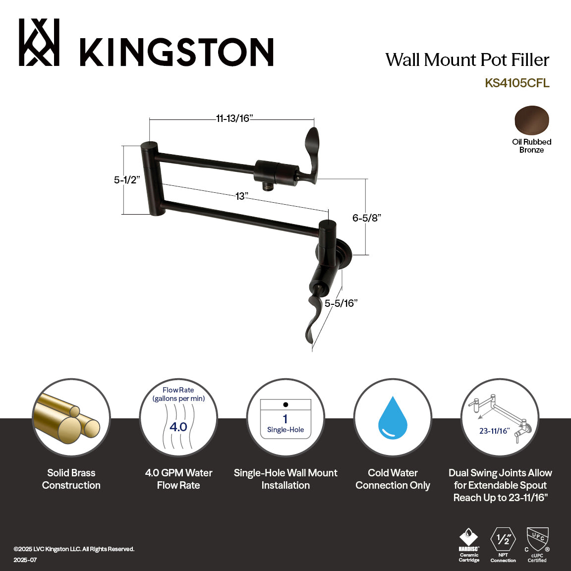 Kingston Century KS4105CFL Two-Handle 1-Hole Wall Mount Pot Filler Faucet, Oil Rubbed Bronze — thumbnail 2