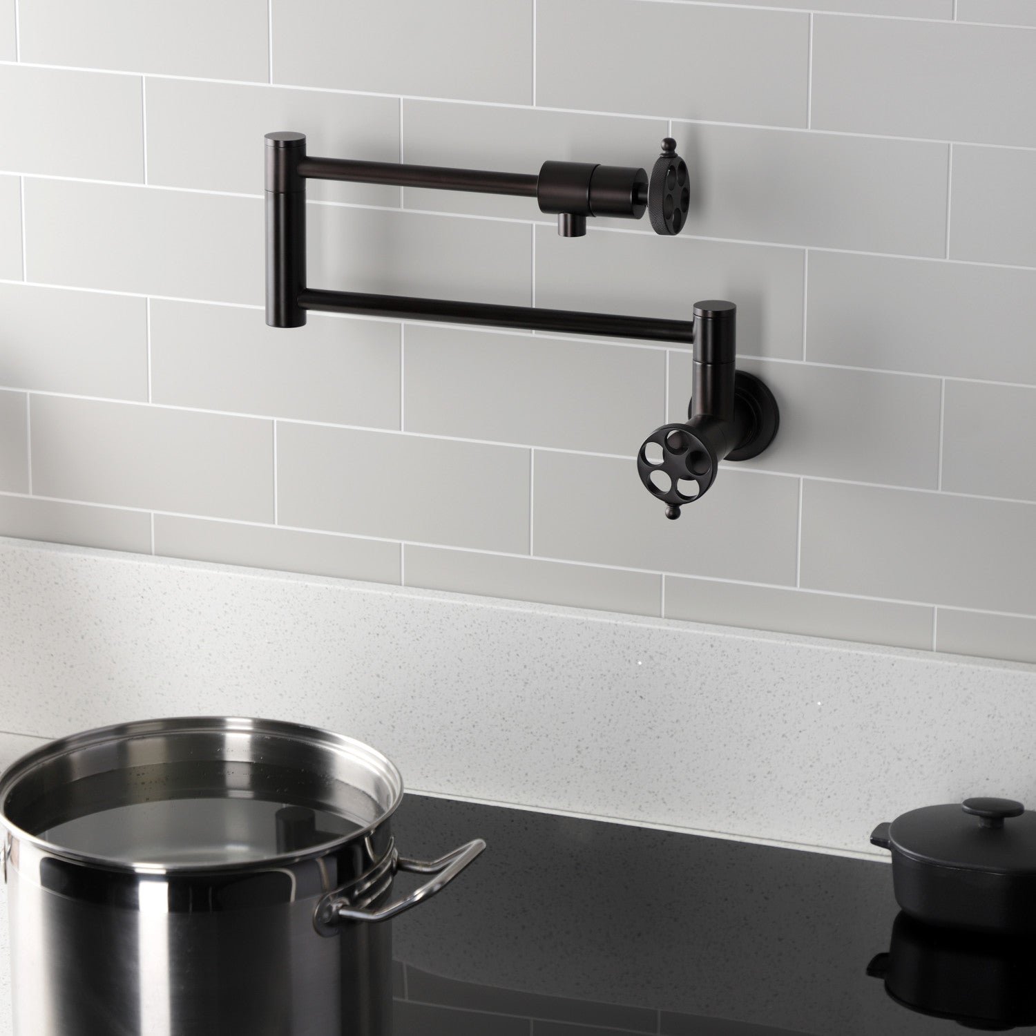 Kingston Sona KS4105RKZ - Wendell Two-Handle 1-Hole Wall Mount Pot Filler Faucet with Knurled Handle, Oil Rubbed Bronze — thumbnail 2