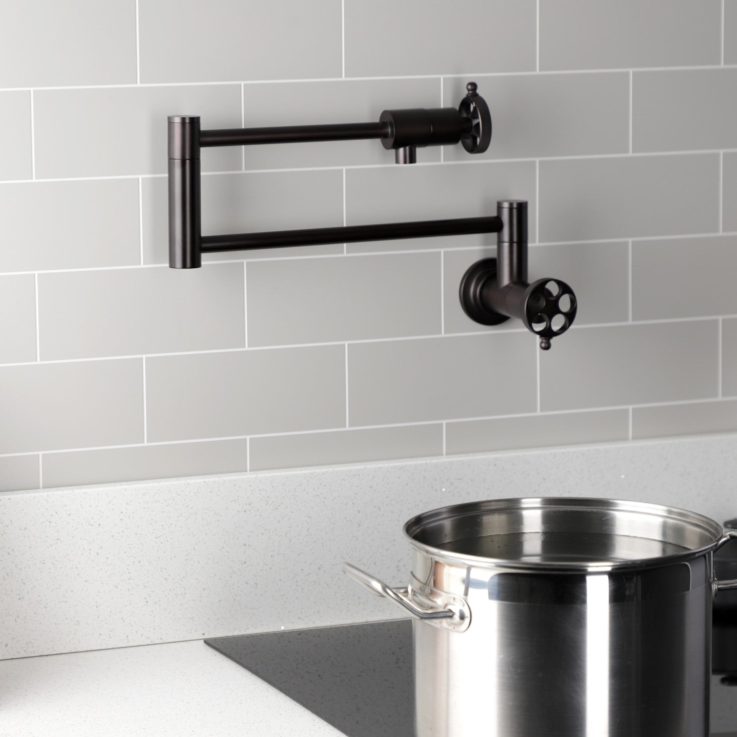Kingston Sona KS4105RKZ - Wendell Two-Handle 1-Hole Wall Mount Pot Filler Faucet with Knurled Handle, Oil Rubbed Bronze — thumbnail 3