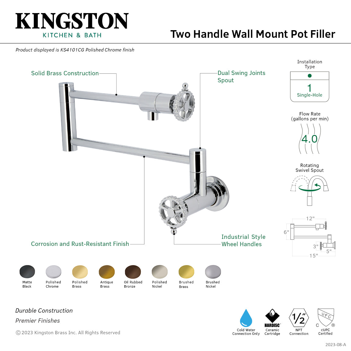 Kingston Sona KS4107CG - Fuller Two-Handle 1-Hole Wall Mount Pot Filler Faucet, Brushed Brass — thumbnail 2