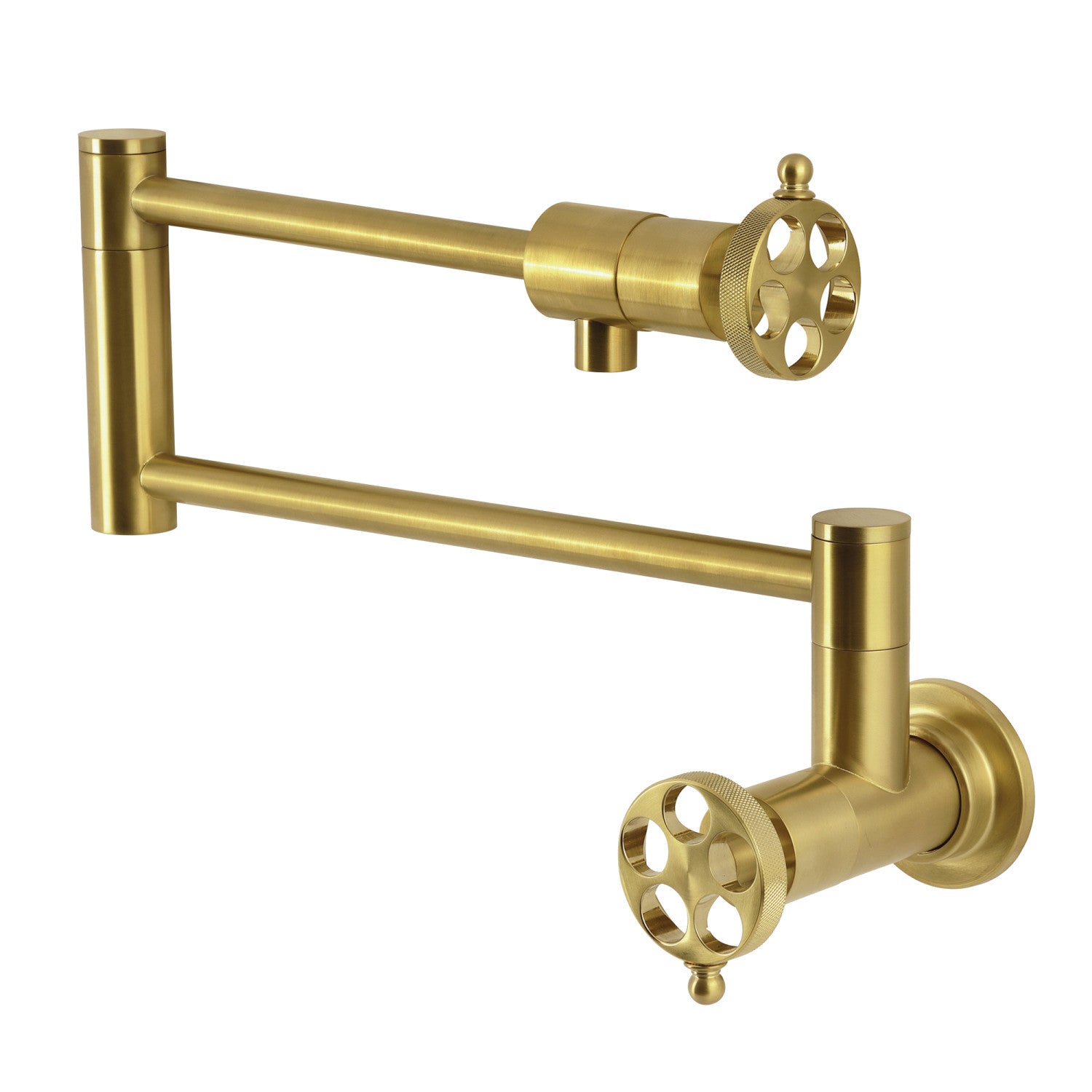 Kingston Sona KS4107RKZ - Wendell Two-Handle 1-Hole Wall Mount Pot Filler Faucet with Knurled Handle, Brushed Brass